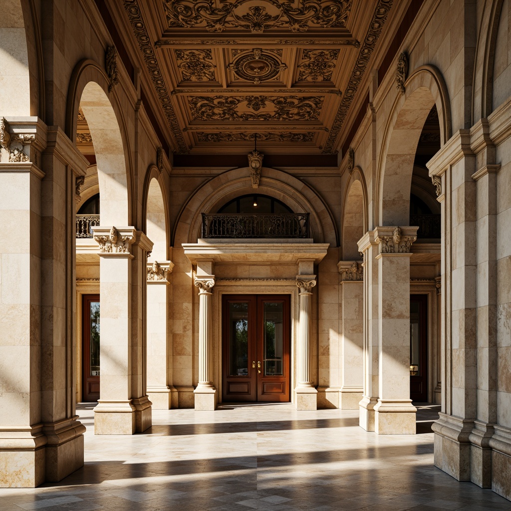 Prompt: Grandiose bank building, neoclassical columns, ornate capitals, rusticated bases, polished marble floors, intricate stone carvings, symmetrical facade, imposing entrance, bronze doors, sweeping arches, vaulted ceilings, richly textured walls, warm golden lighting, subtle shadows, classical proportions, 1/1 composition, central axis symmetry, realistic reflections, ambient occlusion.