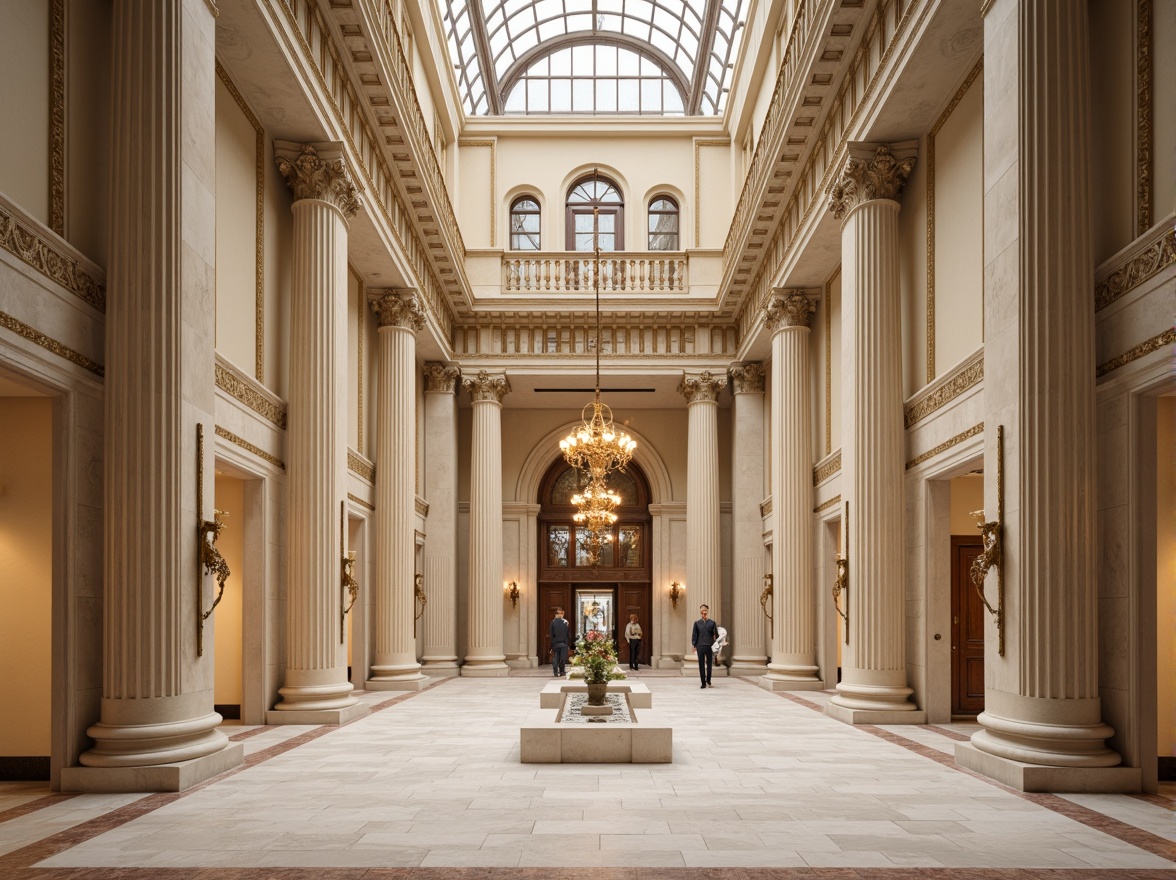 Prompt: Grandiose office building, neoclassical facade, ornate columns, intricate stone carvings, symmetrical architecture, balanced composition, grand entrance, bronze door handles, marble flooring, cream-colored walls, high ceilings, chandeliers, soft warm lighting, 1/1 composition, shallow depth of field, realistic textures, ambient occlusion.