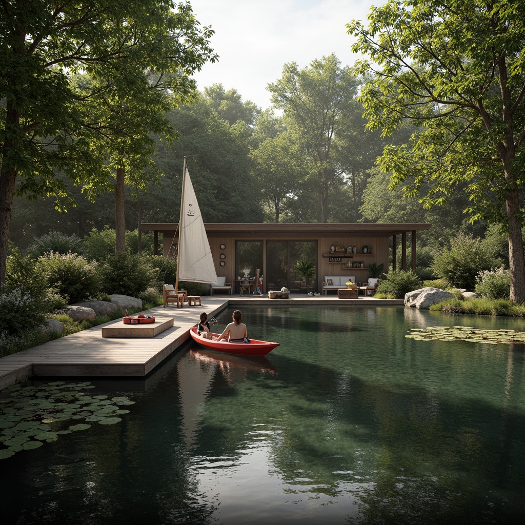 Prompt: Serene lakefront, tranquil water reflections, lush greenery, mature trees, wooden dock, rustic boathouse, nautical decorations, sailboats, kayaks, paddles, life jackets, natural stone walls, earthy tones, warm lighting, soft focus, shallow depth of field, 1/1 composition, symmetrical framing, realistic textures, ambient occlusion, misty atmosphere, early morning sunbeams, gentle ripples, water lilies.