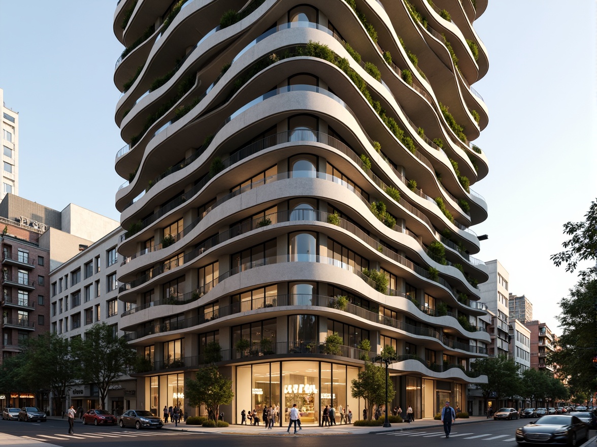 Prompt: Curved skyscraper facade, organic shapes, undulating lines, natural stone cladding, green walls, cantilevered balconies, floor-to-ceiling windows, minimalist railings, sleek metal accents, soft warm lighting, morning sun, 1/1 composition, shallow depth of field, atmospheric perspective, realistic textures, ambient occlusion, urban jungle, cityscape views, bustling streets, contemporary art installations, abstract sculptures.