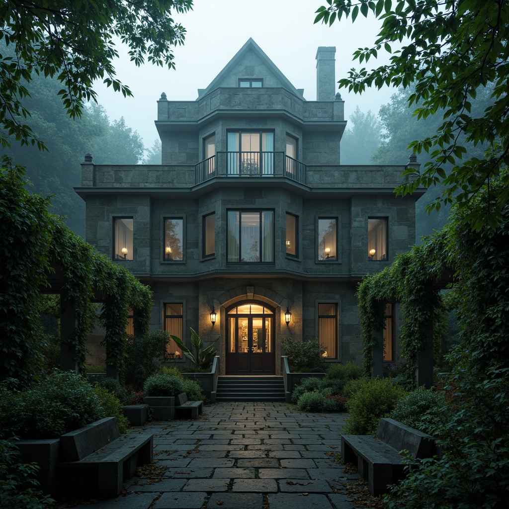 Prompt: Mysterious Gothic office building, overgrown ivy, twisted vines, ancient stone walls, moss-covered statues, foggy misty morning, dramatic uplighting, low-angle shot, symmetrical composition, eerie atmosphere, ornate iron gates, crumbling stone pathways, weathered wooden benches, mystical lanterns, lush greenery, dark mysterious forest, misty fog rolling in, soft diffused lighting, cinematic colors, high contrast ratio.