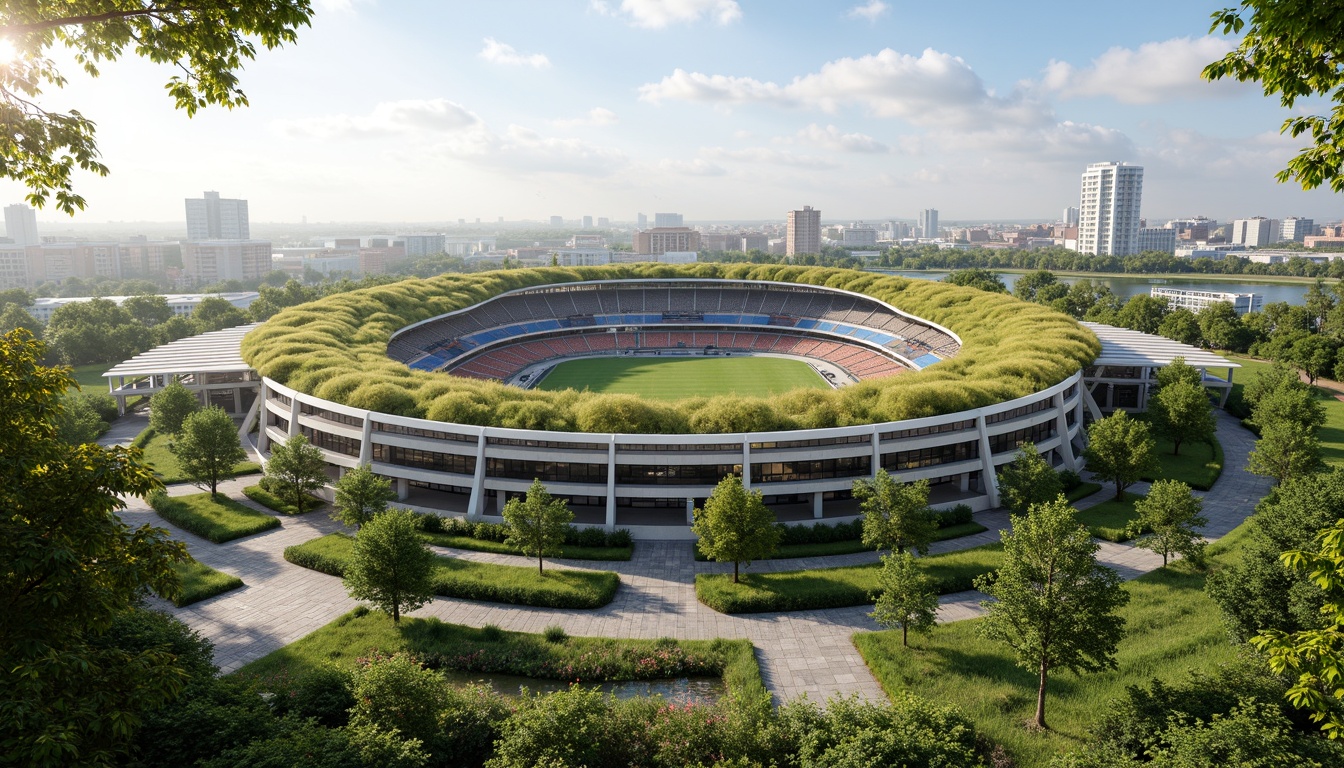 Prompt: Eco-friendly stadium design, lush green roofs, solar panels, wind turbines, rainwater harvesting systems, recycled materials, low-carbon footprint, natural ventilation, large windows, transparent fa\u00e7ades, open-air concourses, sustainable landscaping, native plant species, organic food waste composting, energy-efficient LED lighting, water-conserving irrigation systems, minimal waste generation, circular economy principles, futuristic architecture, curved lines, dynamic shapes, vibrant green spaces, sunny day, soft warm lighting, shallow depth of field, 3/4 composition, panoramic view.