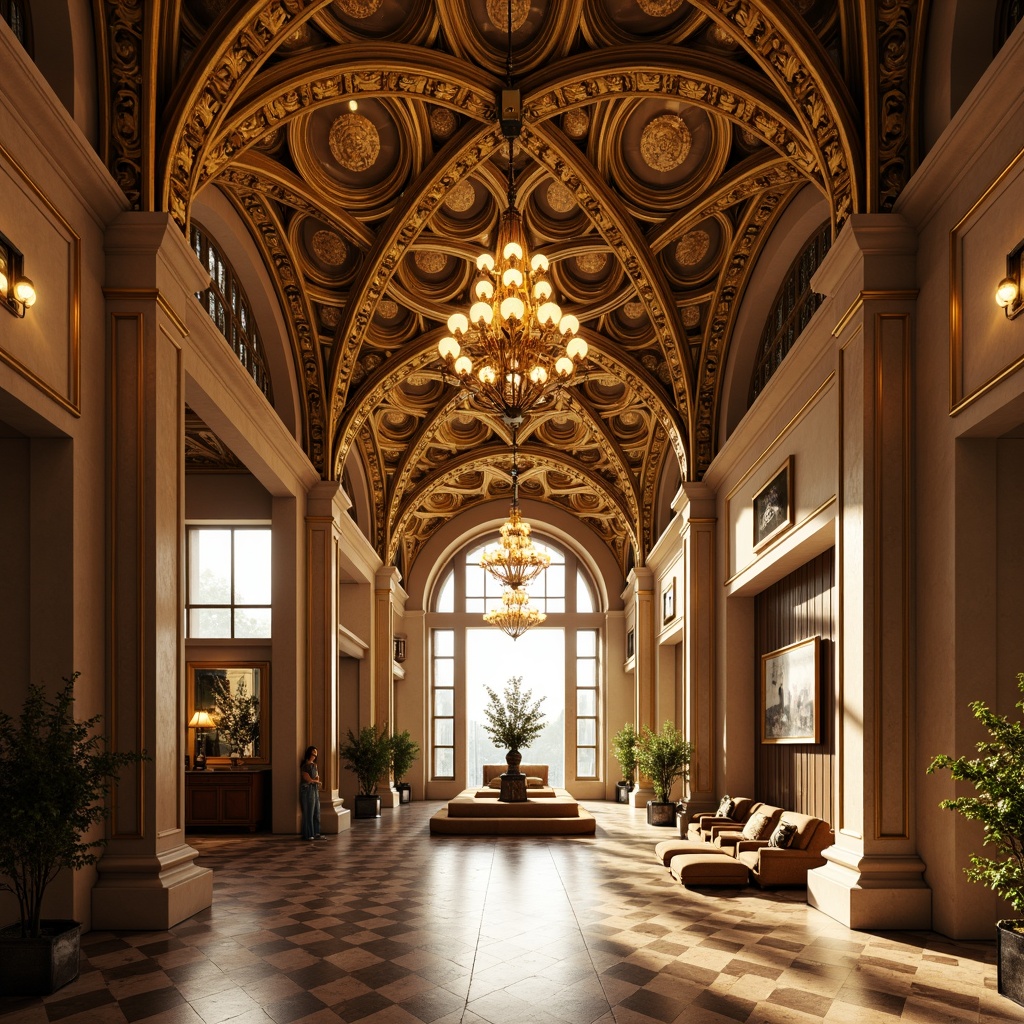 Prompt: Intricate ornamental arches, luxurious gold accents, elegant curves, refined stone carvings, grand entranceways, majestic columns, symmetrical facades, opulent chandeliers, lavish furnishings, regal ambiance, warm golden lighting, shallow depth of field, 1/1 composition, realistic textures, ambient occlusion.