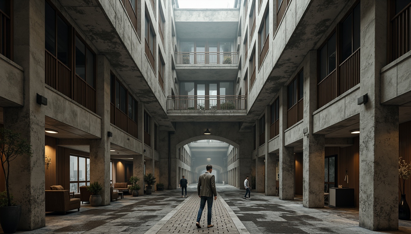 Prompt: Rough concrete walls, exposed ductwork, industrial metal beams, weathered stone facades, distressed wooden accents, brutalist monumentality, fortress-like structures, imposing urban presence, atmospheric misty lighting, high-contrast dramatic shadows, cinematic wide-angle shots, symmetrical compositions, muted earthy color palette, tactile rough-hewn surfaces, raw unfinished materials, bold geometric forms, monumental scale, abstract sculptural elements, harsh industrial ambiance.