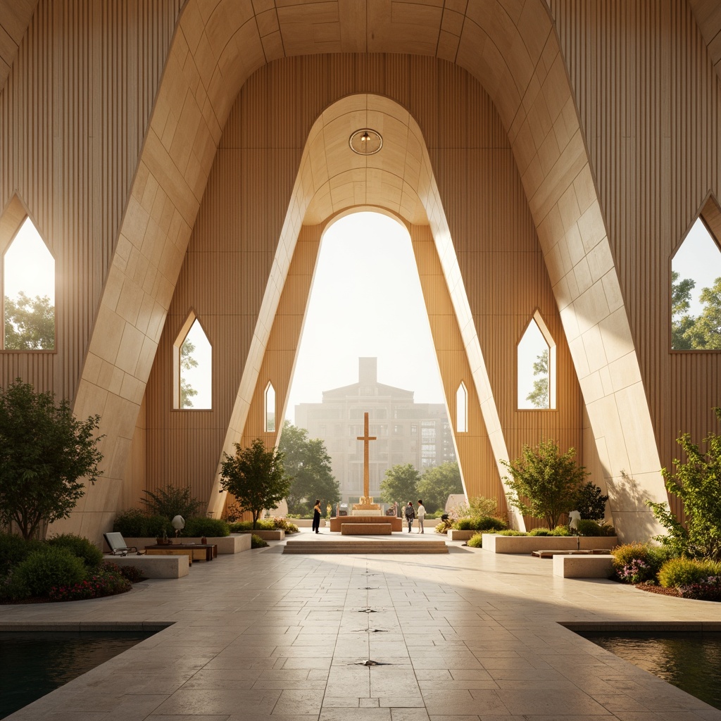 Prompt: \Sacred modern chapel, neutral beige walls, warm golden lighting, sleek wooden accents, minimalist decor, subtle cross patterns, calming natural stone floors, serene water features, lush green roofs, abstract stained glass windows, soft pastel hues, creamy whites, rich woods, atmospheric fog effects, shallow depth of field, 1/1 composition, realistic textures, ambient occlusion.\