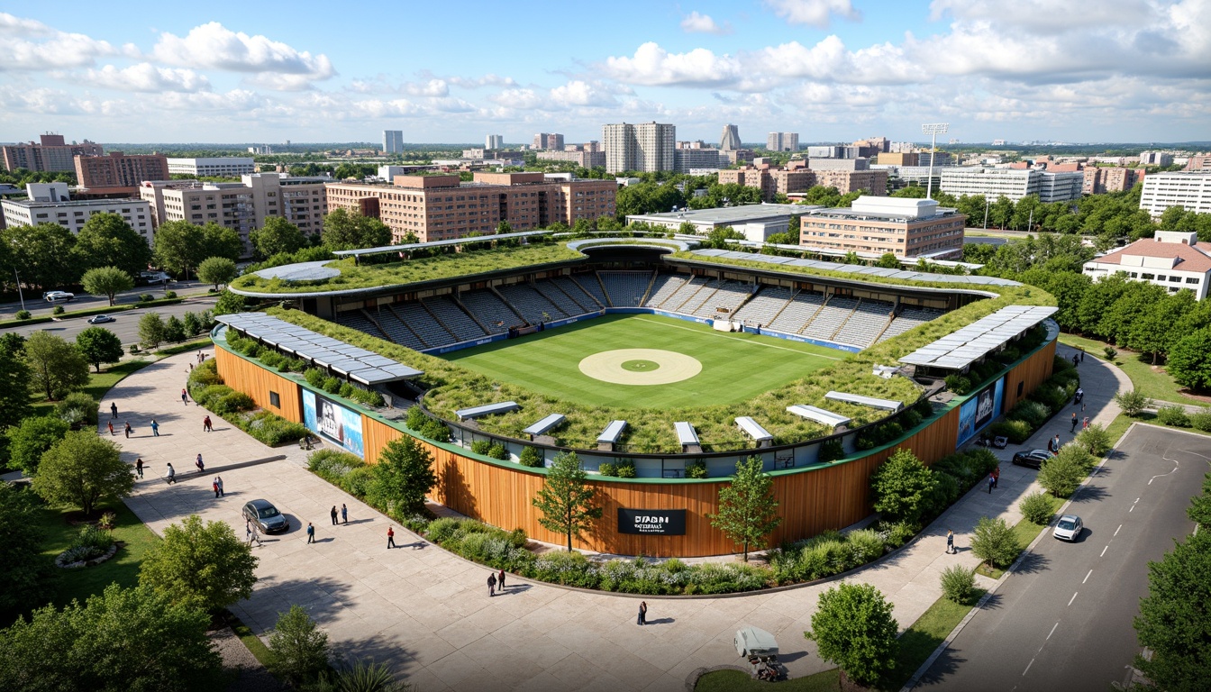 Prompt: Eco-friendly stadium, green roof, solar panels, wind turbines, rainwater harvesting systems, recycled materials, energy-efficient LED lighting, natural ventilation systems, living walls, organic landscaping, native plant species, reclaimed wood accents, low-flow water fixtures, composting toilets, educational signage, sustainable food vendors, bicycle parking facilities, pedestrian-friendly access roads, urban forestry integration, vibrant green spaces, dynamic shading systems, 3/4 composition, realistic textures, ambient occlusion.