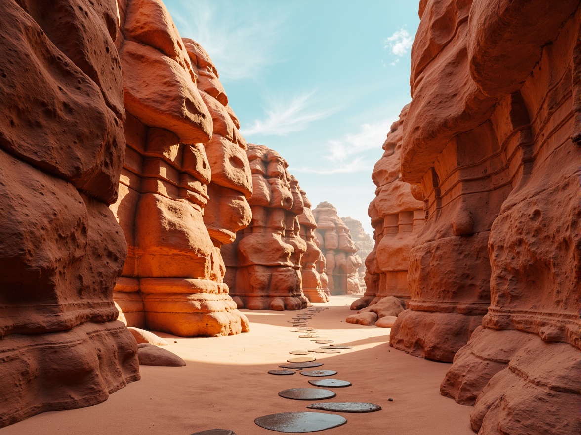 Prompt: Warm beige canyons, rusty red rock formations, turquoise blue skies, sandy dunes, weathered wooden accents, natural stone pathways, earthy terracotta tones, soft warm lighting, shallow depth of field, 1/2 composition, panoramic view, realistic textures, ambient occlusion, vibrant orange hues, deep crimson shades, misty atmospheric effects, subtle gradient maps.