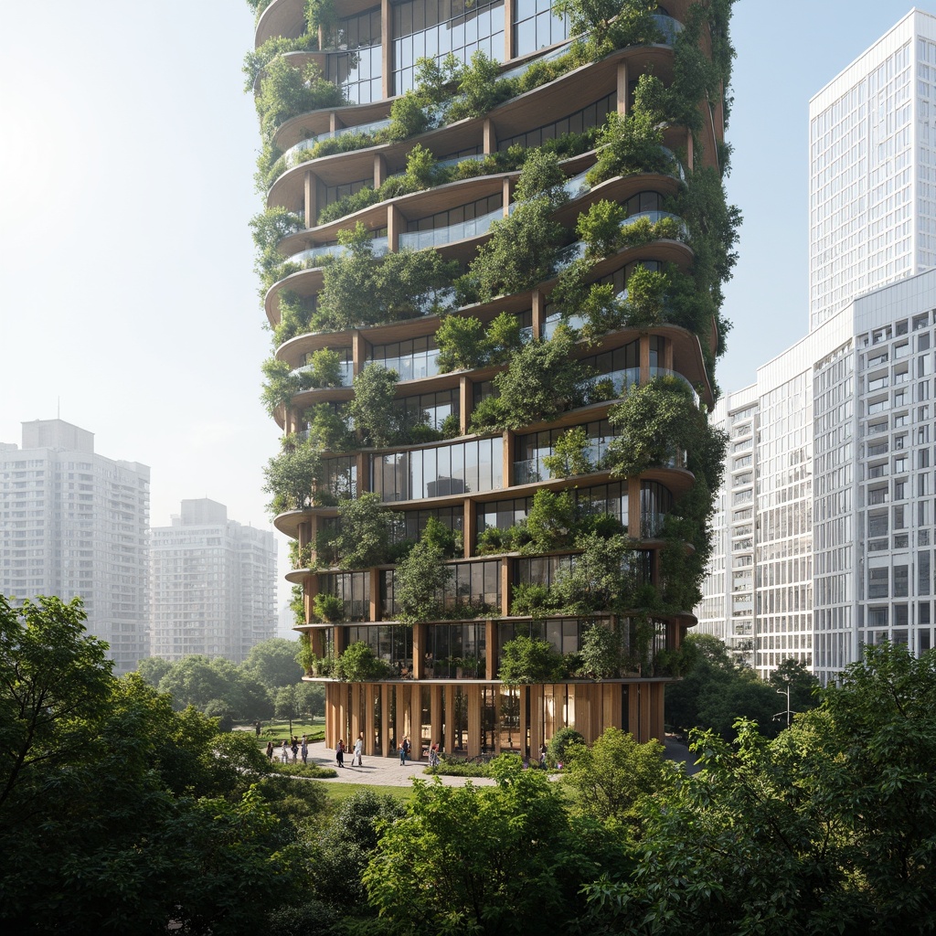 Prompt: Curved skyscraper, organic forms, lush green walls, natural ventilation systems, solar panels, wind turbines, energy-efficient design, floor-to-ceiling windows, transparent glass fa\u00e7ade, panoramic city views, soft diffused lighting, warm earthy tones, wooden accents, living walls, vertical gardens, vibrant tropical plants, misty atmospheric effects, shallow depth of field, 1/1 composition, realistic reflections, ambient occlusion.