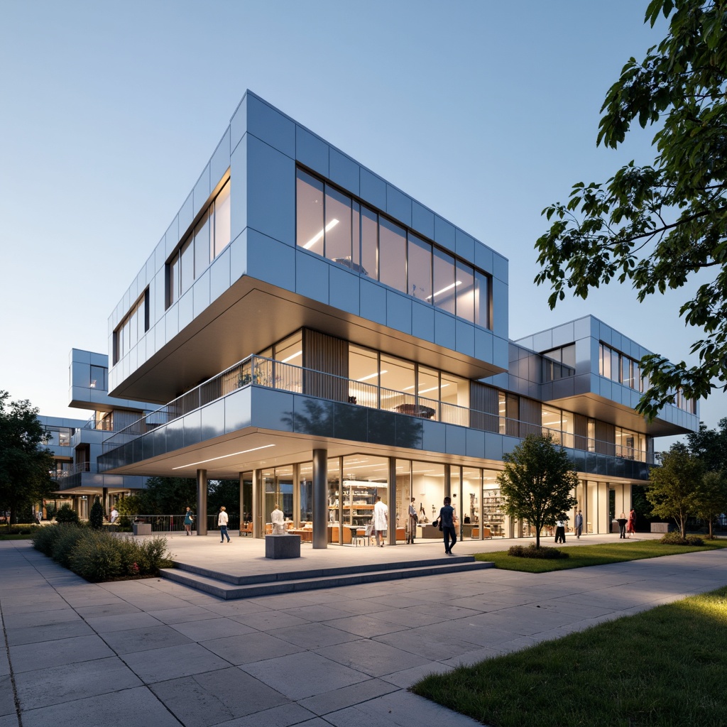 Prompt: Modern aluminium laboratory building, academic style architecture, sleek metal fa\u00e7ade, minimalist design, large glass windows, silver anodized frames, cantilevered rooflines, angular lines, brutalist-inspired structure, industrial-style lighting, exposed ductwork, polished concrete floors, metallic accents, futuristic aesthetic, high-tech research equipment, experimental workstations, collaborative open spaces, natural light-filled interior, soft warm lighting, shallow depth of field, 3/4 composition, realistic textures, ambient occlusion.