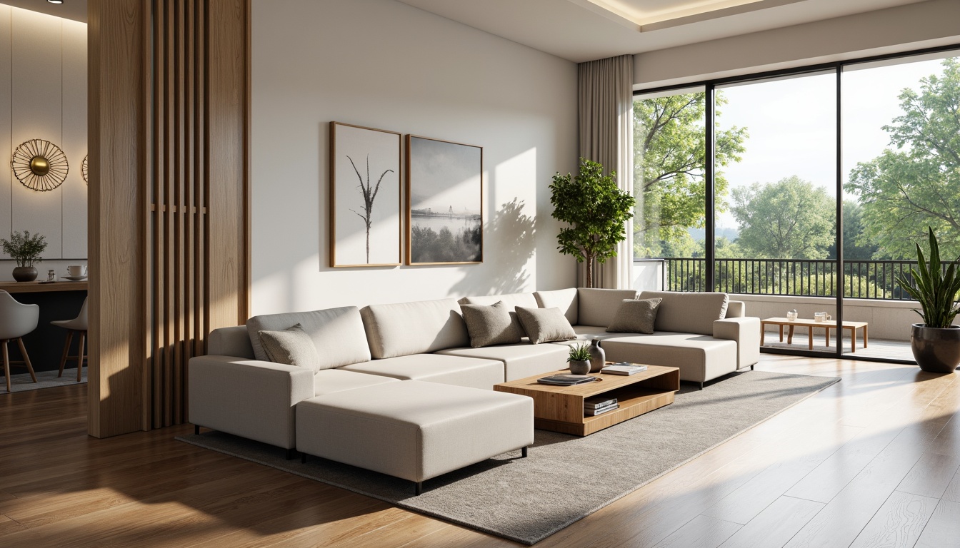 Prompt: Modern minimalist living room, sleek low-profile furniture, neutral color palette, functional layout, efficient traffic flow, comfortable seating area, stylish coffee table, floor-to-ceiling windows, natural light pouring in, soft warm ambiance, 1/1 composition, shallow depth of field, realistic textures, ambient occlusion.