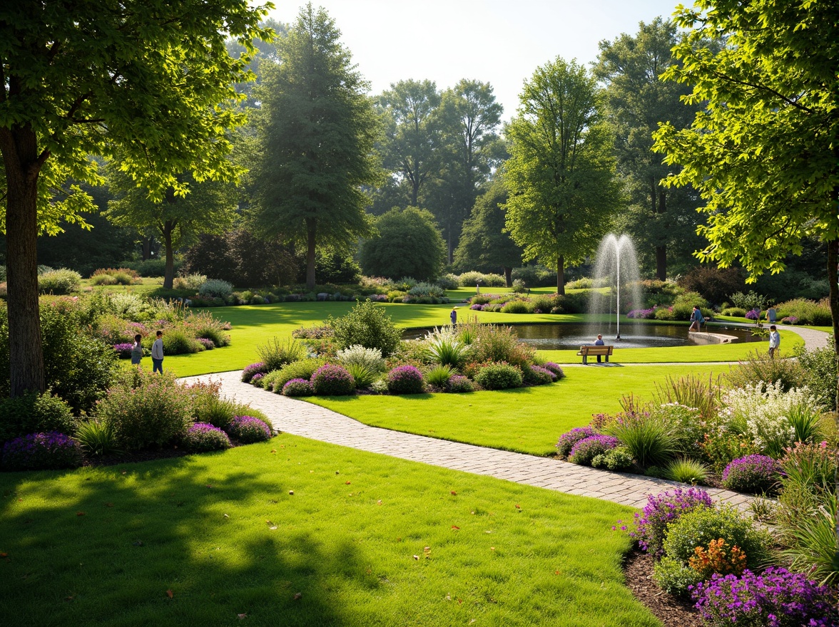 Prompt: Lush green lawn, vibrant flowers, ornamental trees, meandering pathways, natural stone walkways, rustic wooden benches, serene water features, small ponds, tranquil fountain sounds, warm sunny day, soft warm lighting, shallow depth of field, 3/4 composition, panoramic view, realistic textures, ambient occlusion.