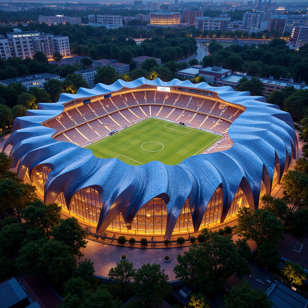 Prompt: Undulating curvaceous soccer stadium, fluid organic shapes, iridescent metallic surfaces, latticework fa\u00e7ade, parametric design, futuristic architecture, vibrant LED lighting, dynamic movement patterns, sweeping arches, cantilevered roofs, translucent canopies, atmospheric misting systems, lush greenery, urban cityscape, dramatic nighttime illumination, 3/4 composition, shallow depth of field, realistic reflections, ambient occlusion.