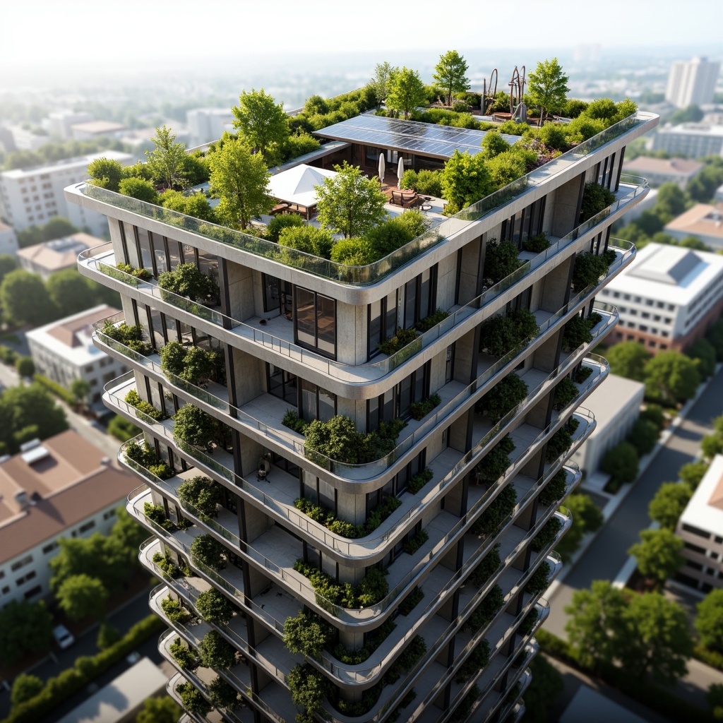 Prompt: Futuristic high-rise apartment building, green roofs, solar panels, wind turbines, water conservation systems, eco-friendly materials, innovative cooling technologies, shaded outdoor spaces, misting systems, vertical gardens, living walls, urban agriculture, modern minimalist design, sleek metal fa\u00e7ade, reflective glass surfaces, angular lines, cantilevered balconies, panoramic city views, soft warm lighting, shallow depth of field, 3/4 composition, realistic textures, ambient occlusion.