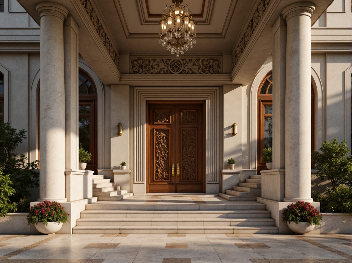 Prompt: Grand entrance, imposing columns, ornate details, symmetrical facade, classic pediment, intricately carved doors, bronze door handles, elegant archways, sweeping staircases, marble flooring, high ceilings, crystal chandeliers, soft warm lighting, subtle shadows, 1/1 composition, realistic textures, ambient occlusion.