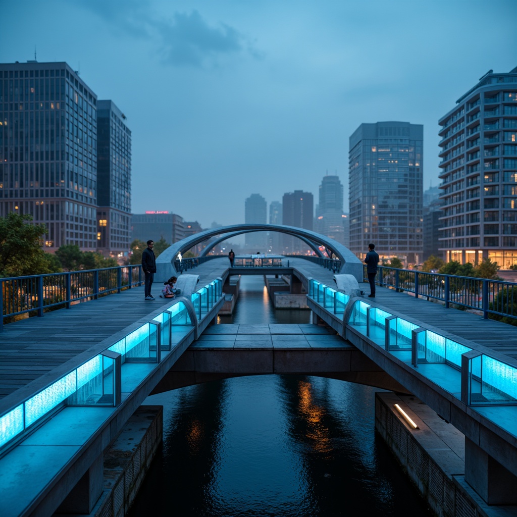 Prompt: Futuristic bridge architecture, metallic silver beams, neon blue accents, iridescent glass panels, sleek black railings, LED lighting strips, dynamic curves, minimalist design, urban cityscape, misty morning atmosphere, soft focus effect, 1/2 composition, shallow depth of field, vibrant nighttime illumination.