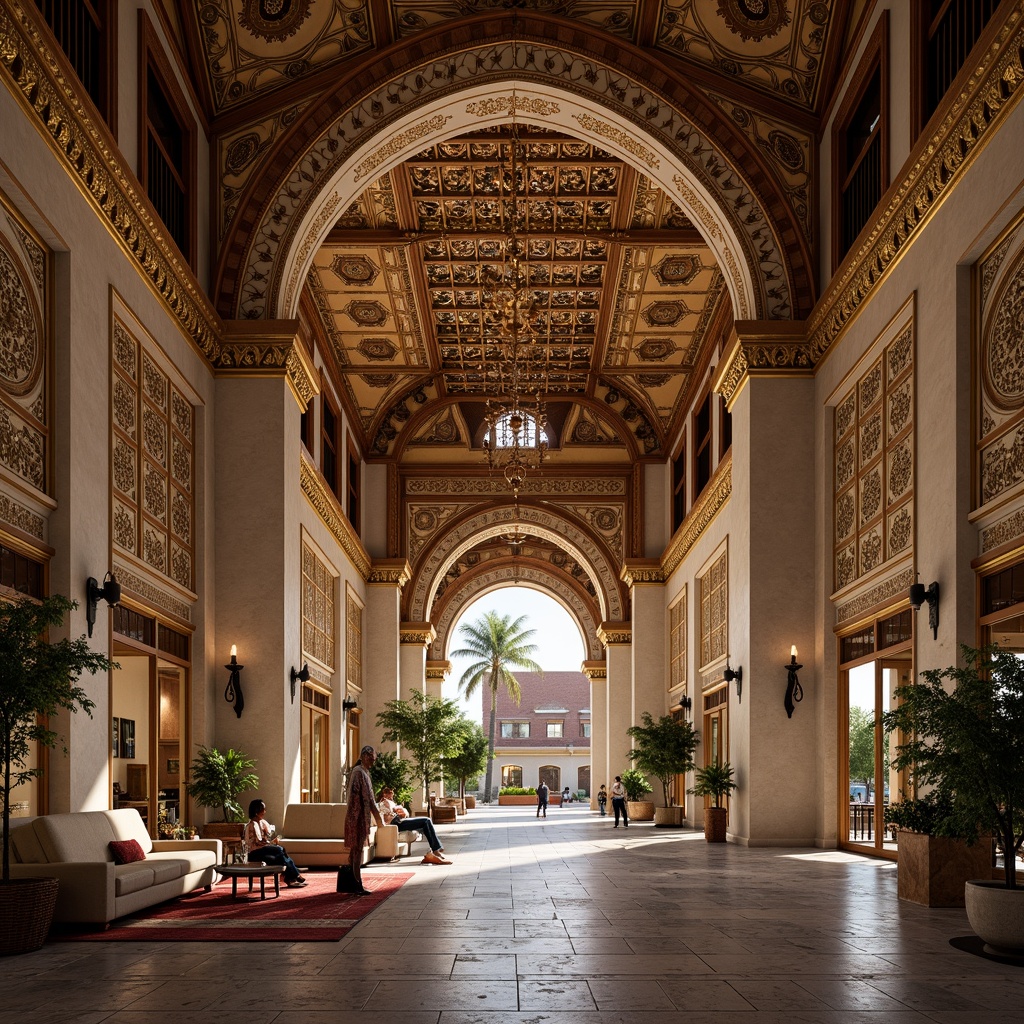 Prompt: Intricate ornamental arches, Islamic-inspired motifs, grand entranceways, majestic architectural features, ornate carvings, luxurious materials, golden accents, regal ambiance, opulent decor, lavish furnishings, exotic patterns, vibrant colors, intricate details, Moorish influences, symmetrical compositions, dramatic lighting, warm soft focus, shallow depth of field.