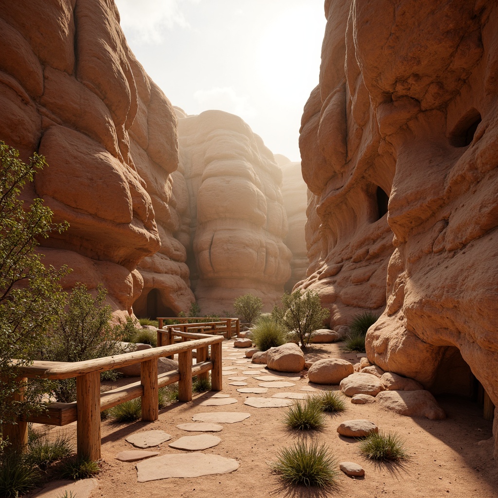 Prompt: Earthy canyon terrain, rugged rock formations, sandy dunes, sparse vegetation, natural stone pathways, wooden bridges, rustic railings, weathered wooden accents, earthy color palette, warm beige tones, rusty red hues, soft golden lighting, atmospheric mist, shallow depth of field, 1/2 composition, realistic textures, ambient occlusion.