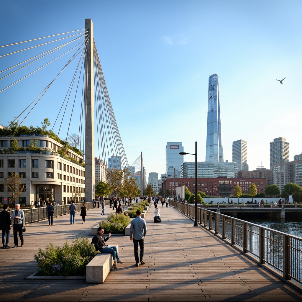 Prompt: Eco-friendly pedestrian bridge, sleek modern architecture, stainless steel cables, wooden decking, solar panels, wind turbines, green roofs, living walls, recycled materials, minimalist design, energy-efficient lighting, soft warm ambiance, shallow depth of field, 3/4 composition, panoramic view, realistic textures, ambient occlusion, urban landscape, city skyline, waterfront promenade, vibrant street art, bustling city life, sunny day, clear blue sky.