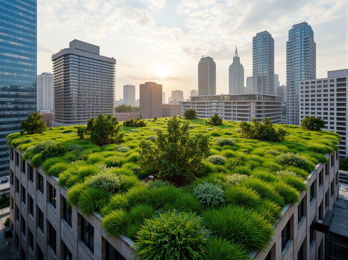 Prompt: Vibrant green roofs, lush vegetation, urban skyscrapers, modern architecture, sustainable design, eco-friendly materials, stormwater management systems, insulation benefits, energy-efficient buildings, rooftop gardens, panoramic city views, natural habitats, biodiversity conservation, air quality improvement, noise reduction, thermal mass benefits, waterproofing membranes, drainage systems, modular green roof systems, extensive and intensive green roofs, 3/4 composition, shallow depth of field, soft warm lighting.