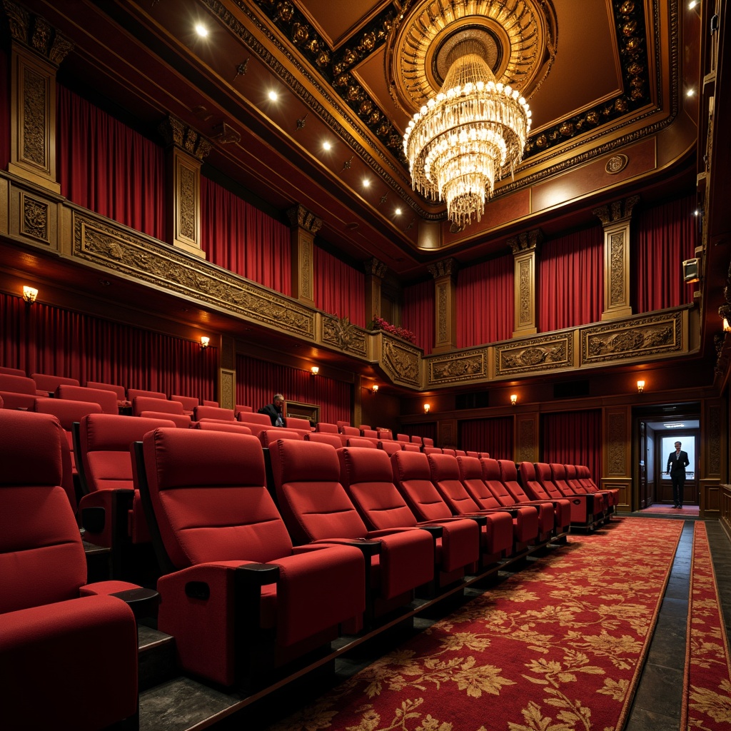 Prompt: Luxurious theater interior, plush velvet seats, ornate gold details, dramatic ceiling heights, rich crimson curtains, sophisticated sound systems, immersive cinematic experience, premium comfort amenities, elegant foyer spaces, grand chandeliers, polished marble floors, warm atmospheric lighting, 1/2 composition, shallow depth of field, realistic textures, ambient occlusion.