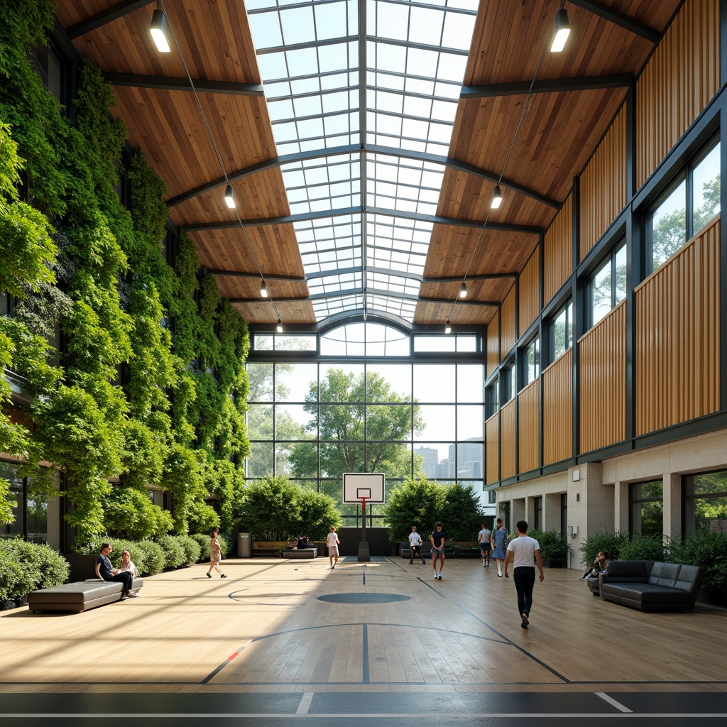 Prompt: Vibrant gymnasium interior, abundant natural lighting, floor-to-ceiling windows, green architecture design, living walls, lush foliage, wooden accents, polished concrete floors, modern sports equipment, basketball courts, running tracks, athletic facilities, open spaces, high ceilings, clerestory windows, soft diffused light, warm color tones, 1/1 composition, realistic textures, ambient occlusion.