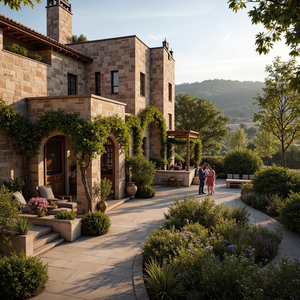 Prompt: Rustic winery facade, eclectic mix of stone, wood, and metal, curved lines, ornate details, Mediterranean-inspired architecture, aged brick walls, distressed wooden doors, wrought iron gates, lush greenery, vine-covered trellises, sprawling outdoor spaces, scenic views of surrounding hills, warm sunny day, soft golden lighting, shallow depth of field, 1/2 composition, realistic textures, ambient occlusion.