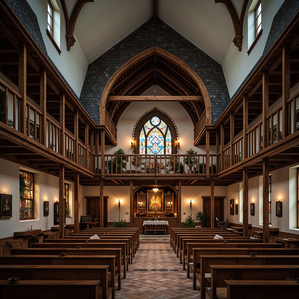 Prompt: Rustic church building, traditional vernacular style, steeply pitched roof, clay tiles, wooden shingles, slate roofing, ornate eaves, grand entrance, stained glass windows, vibrant frescoes, intricate carvings, ornate pinnacles, gothic arches, vaulted ceilings, candlelit ambiance, soft warm lighting, dramatic shadows, 1/2 composition, low-angle shot, realistic textures, ambient occlusion.