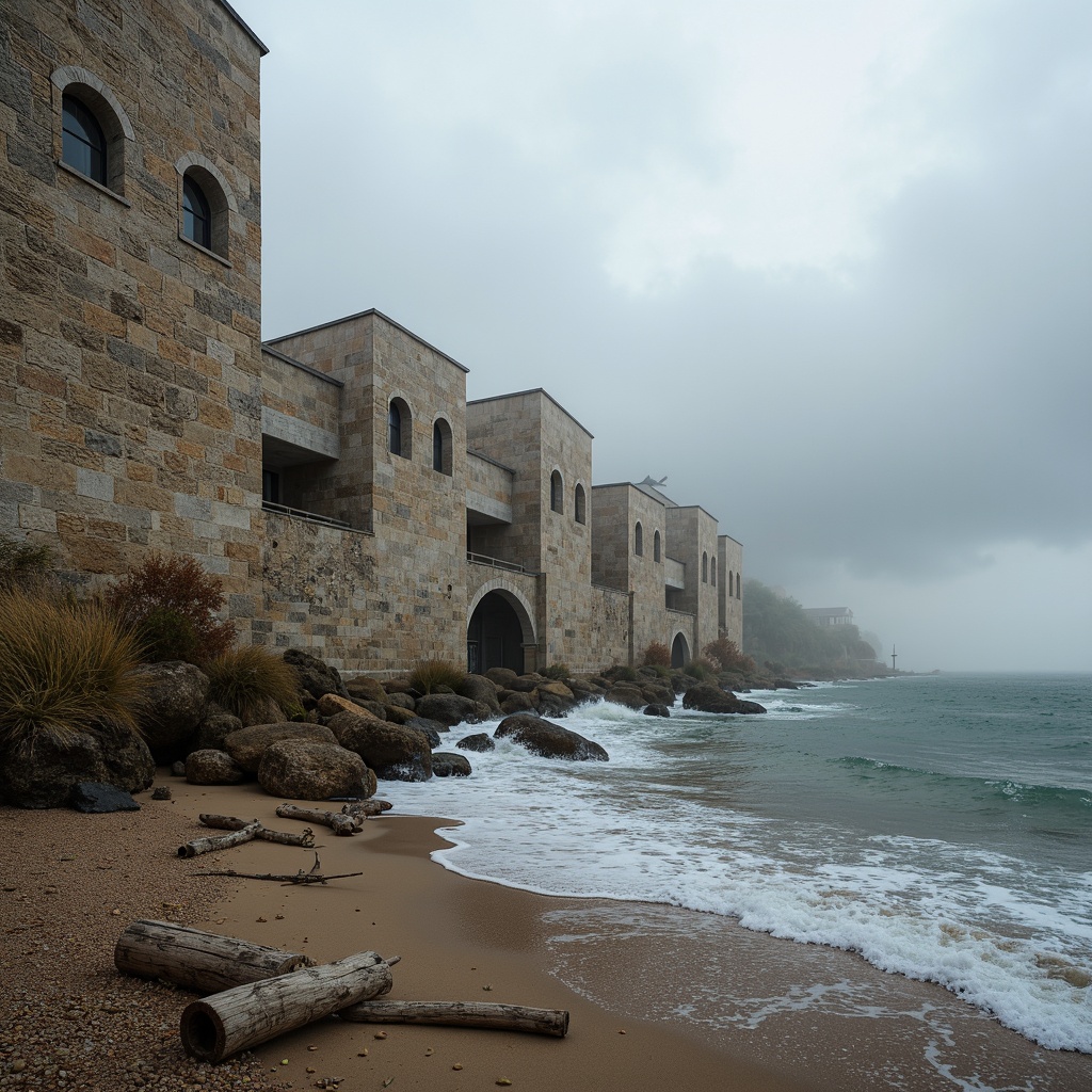 Prompt: Weathered coastal walls, rough-hewn stone masonry, rustic textures, ocean-battered fortifications, seaside villas, salty air, crashing waves, sandy beaches, driftwood accents, nautical ropes, weathered wooden docks, misty mornings, soft diffused lighting, high contrast shadows, 1/2 composition, dramatic perspectives, realistic water simulations, atmospheric fog effects.