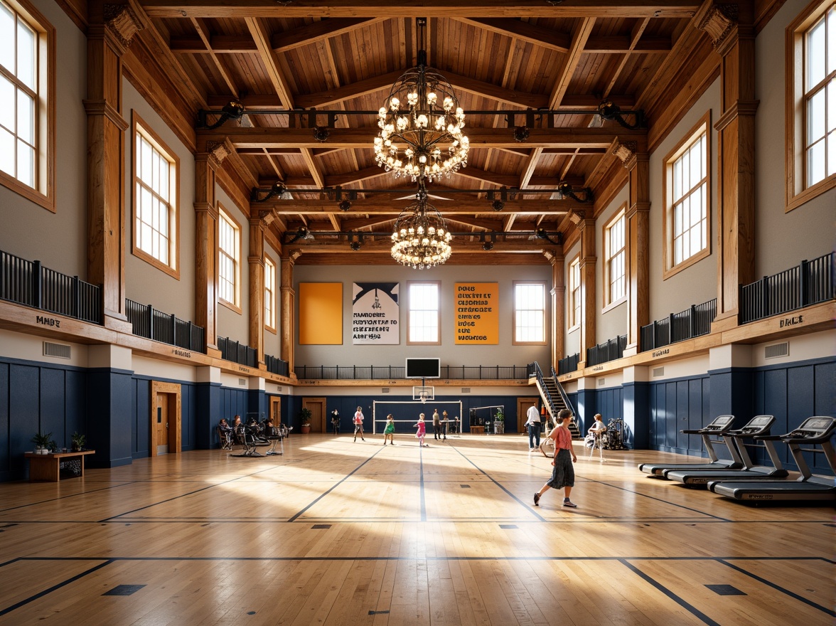 Prompt: Grand gymnasium hall, ornate columns, intricately carved wood accents, regal chandeliers, polished marble floors, vibrant sports colors, motivational quotes, athletic equipment, basketball hoops, volleyball nets, treadmills, exercise machines, mirrored walls, large windows, natural light, soft warm lighting, 1/1 composition, realistic textures, ambient occlusion.