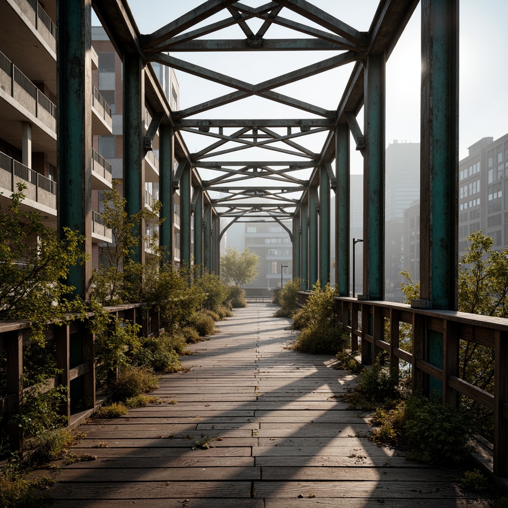 Prompt: Rustic steel bridges, industrial-era aesthetic, worn wooden planks, distressed metal beams, warm earthy tones, rich brown hues, muted blue-grey accents, subtle green patina, urban cityscape, misty morning atmosphere, soft diffused lighting, shallow depth of field, 2/3 composition, atmospheric perspective, realistic textures, ambient occlusion.Let me know if this meets your requirements!