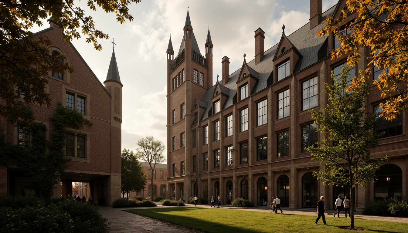 Prompt: Grand university campus, historic Gothic style buildings, pointed arches, ribbed vaults, flying buttresses, stained glass windows, intricate stone carvings, ornate facades, rustic brick walls, ivy-covered towers, mystical ambiance, warm golden lighting, dramatic shadows, high contrast ratio, 1/2 composition, symmetrical framing, atmospheric perspective, rich textures, subtle normal mapping.