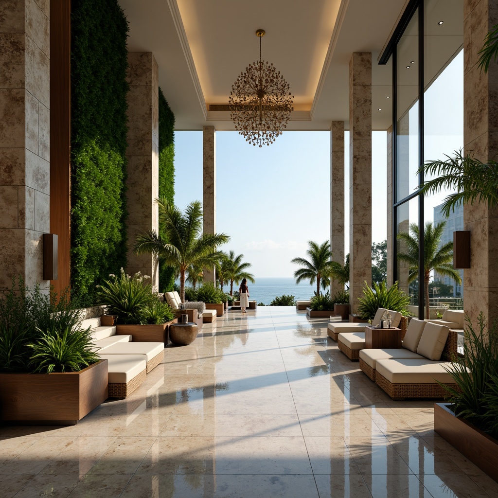 Prompt: Luxurious hotel lobby, grand staircase, marble floors, lush green walls, natural stone columns, modern chandelier, floor-to-ceiling windows, panoramic views, serene outdoor spaces, infinity pool, tropical plants, wooden decks, oceanfront location, sunny day, soft warm lighting, shallow depth of field, 3/4 composition, realistic textures, ambient occlusion.