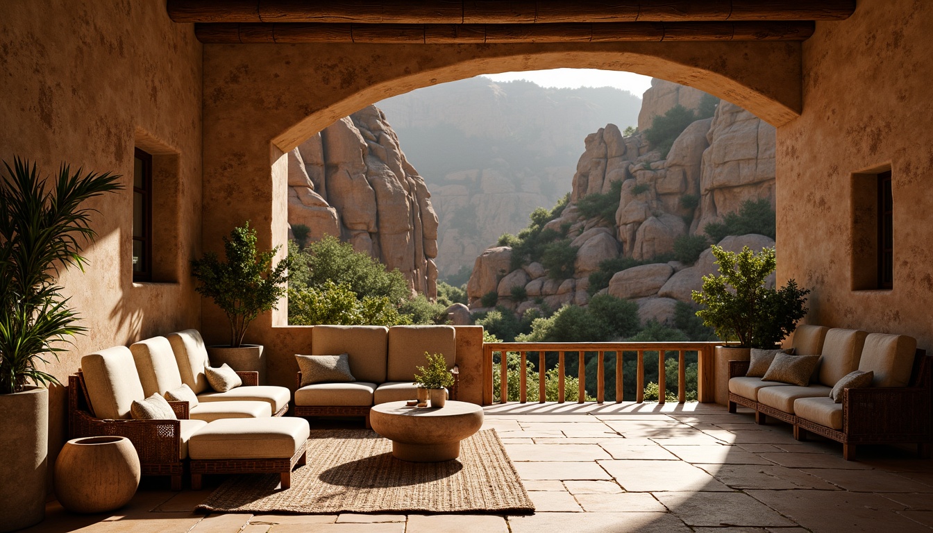 Prompt: Rustic canyon backdrop, eroded rock formations, weathered stone walls, rough-hewn wooden beams, earthy terracotta tiles, coarse sandstone floors, natural fiber textiles, woven wicker furniture, distressed metal accents, vintage leather upholstery, warm golden lighting, soft misty atmosphere, shallow depth of field, 2/3 composition, dramatic shadows, realistic rock textures, ambient occlusion.