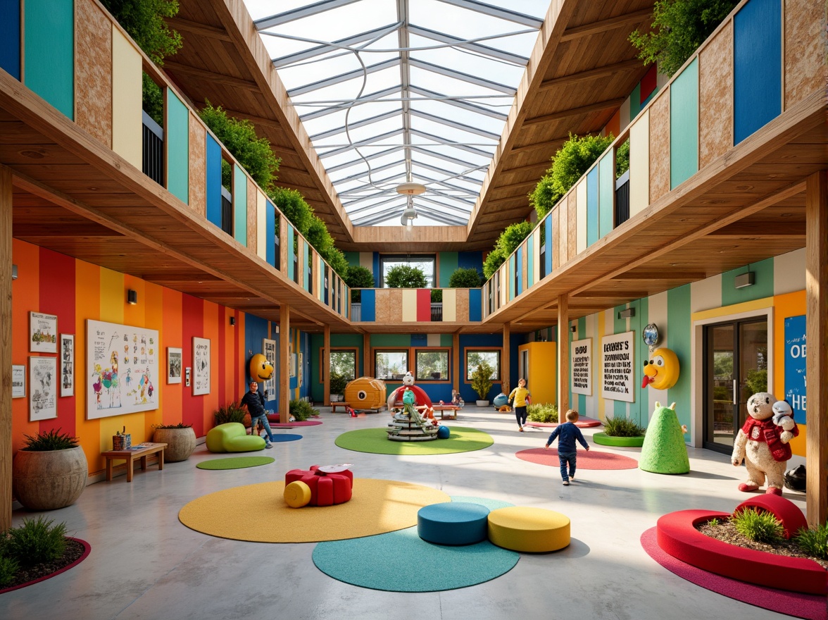 Prompt: Vibrant kindergarten building, playful color scheme, eclectic mix of materials, wooden accents, recycled plastic decorations, natural fiber carpets, cork boards, bright colored walls, whimsical sculptures, oversized furniture, interactive exhibits, sensory play areas, organic shapes, irregular forms, translucent roofing, skylights, clerestory windows, warm cozy lighting, textured concrete floors, rustic wood beams, woven bamboo screens, lush greenery, living walls, educational signage, imaginative murals, cheerful artwork, playful typography, eclectic patterns, bold geometric shapes.