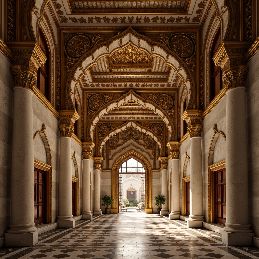 Prompt: Intricate ornamental arches, grand entranceways, luxurious golden details, Moorish-inspired patterns, elegant curved lines, sophisticated architectural features, lavish decorations, ornate carvings, regal ambiance, majestic atmosphere, soft warm lighting, shallow depth of field, 3/4 composition, panoramic view, realistic textures, ambient occlusion.