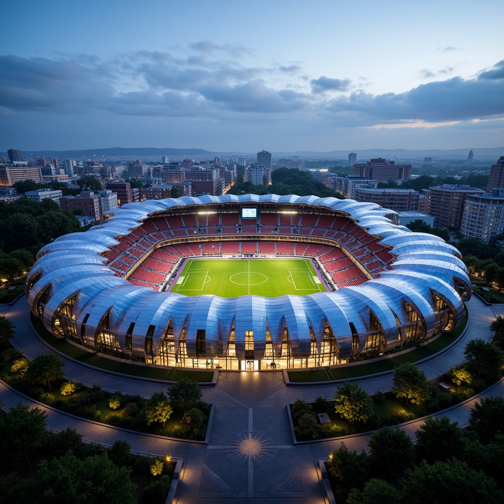 Prompt: Curved soccer stadium, flowing blob-like structures, undulating rooflines, dynamic fluid forms, iridescent exterior cladding, shimmering metal surfaces, vibrant color schemes, gradient-inspired facades, organic shapes, futuristic architecture, swooping arches, cantilevered seating areas, panoramic views, atmospheric lighting, misty evening ambiance, shallow depth of field, 1/1 composition, realistic reflections, ambient occlusion.