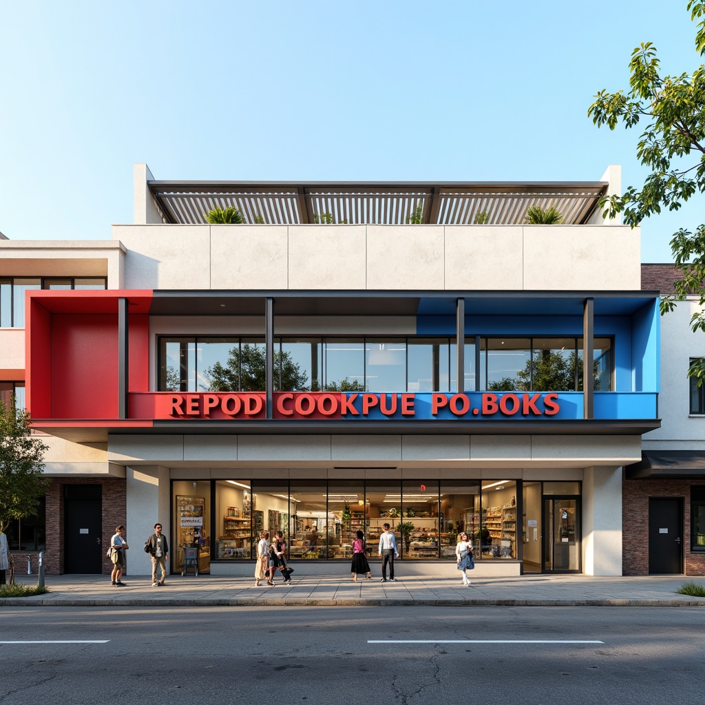 Prompt: Geometric grocery store facade, rectangular forms, flat roofs, industrial materials, steel beams, concrete walls, large glass windows, minimal ornamentation, functional design, bold typography, primary color scheme, red and blue accents, urban cityscape, morning sunlight, high contrast lighting, shallow depth of field, 1/1 composition, symmetrical view, clean lines, minimalist textures.