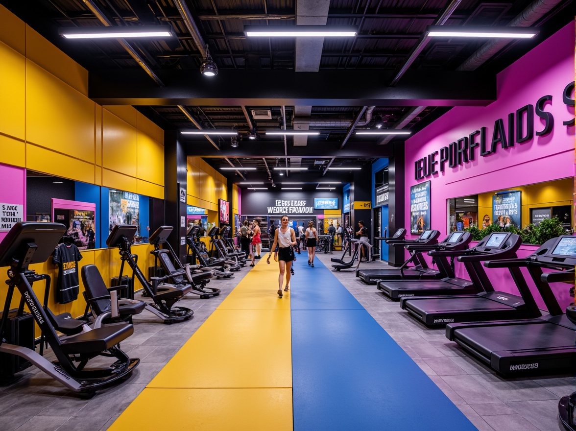 Prompt: Vibrant fitness club interior, bold neon accents, dynamic color blocking, motivational quotes, sleek metal equipment, industrial-chic decor, modern LED lighting, energetic atmosphere, high-contrast photography, shallow depth of field, 1/1 composition, realistic textures, ambient occlusion, bright citrus colors, deep blues, energizing yellows, warm beige tones, athletic wear displays, fitness trackers, exercise mats, inspirational posters.