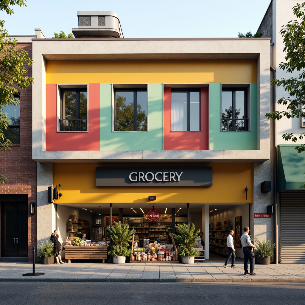 Prompt: Geometric grocery store facade, primary color scheme, rectangular windows, flat roof, minimalist signage, industrial materials, exposed ductwork, functional design, clean lines, right-angled corners, asymmetrical composition, urban cityscape, morning sunlight, soft shadows, 1/1 aspect ratio, realistic textures, subtle ambient occlusion.Please let me know if this meets your requirements!