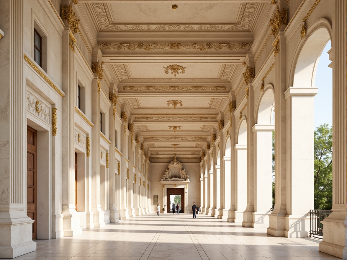 Prompt: Elegant neoclassical architecture, grandiose columns, ornate details, soft warm beige, creamy whites, rich gold accents, muted earth tones, subtle marble textures, intricate moldings, ornamental facades, symmetrical compositions, Renaissance-inspired motifs, classical proportions, harmonious color balance, natural lighting, shallow depth of field, 2/3 composition, atmospheric perspective.