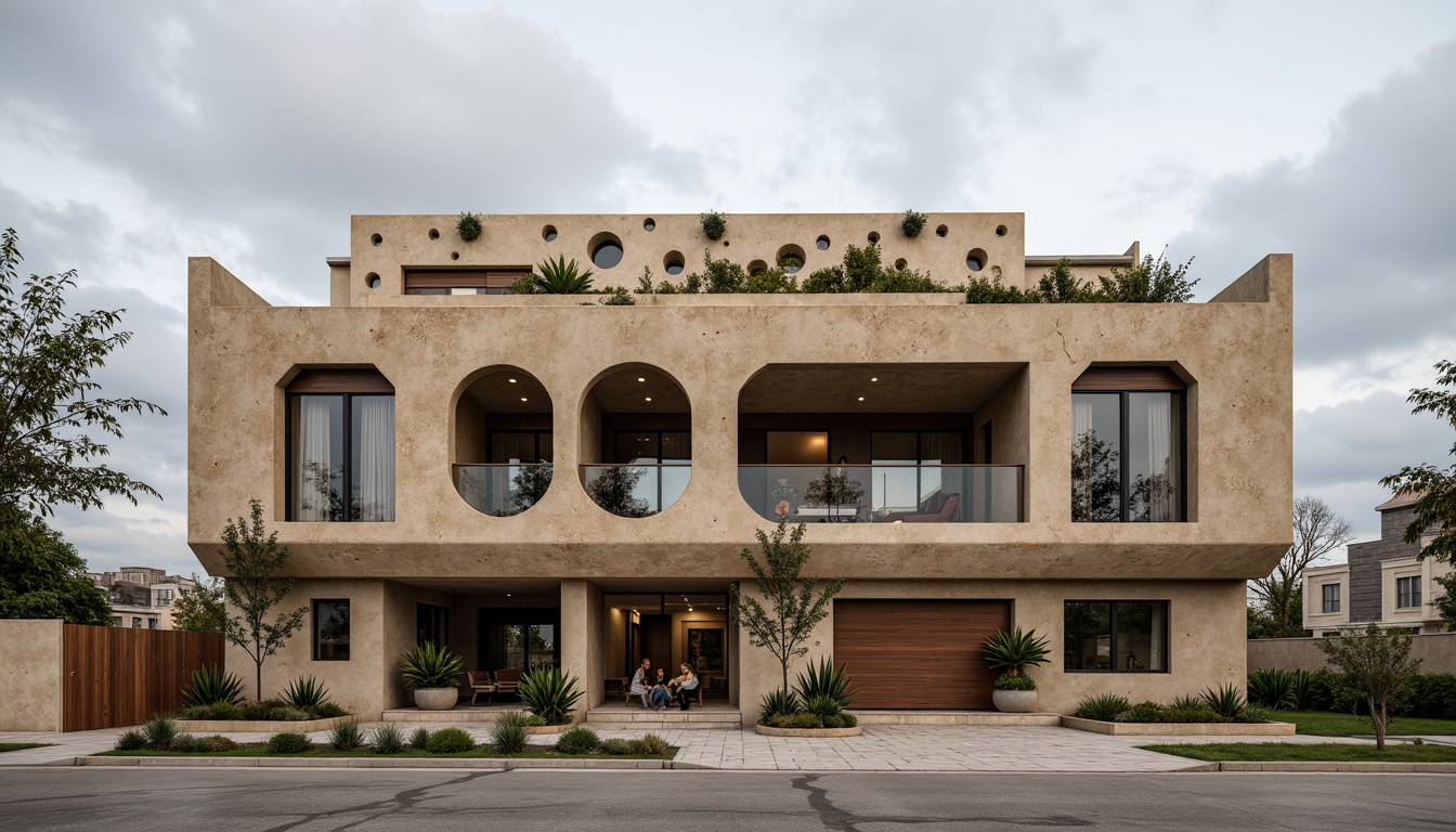 Prompt: Lavacrete building facade, earthy tones, rough textures, organic forms, natural materials, sustainable architecture, eco-friendly design, modern brutalism, industrial aesthetic, urban landscape, cityscape views, cloudy sky, soft diffused lighting, high contrast ratio, 1/1 composition, realistic rendering, ambient occlusion, detailed normal maps.