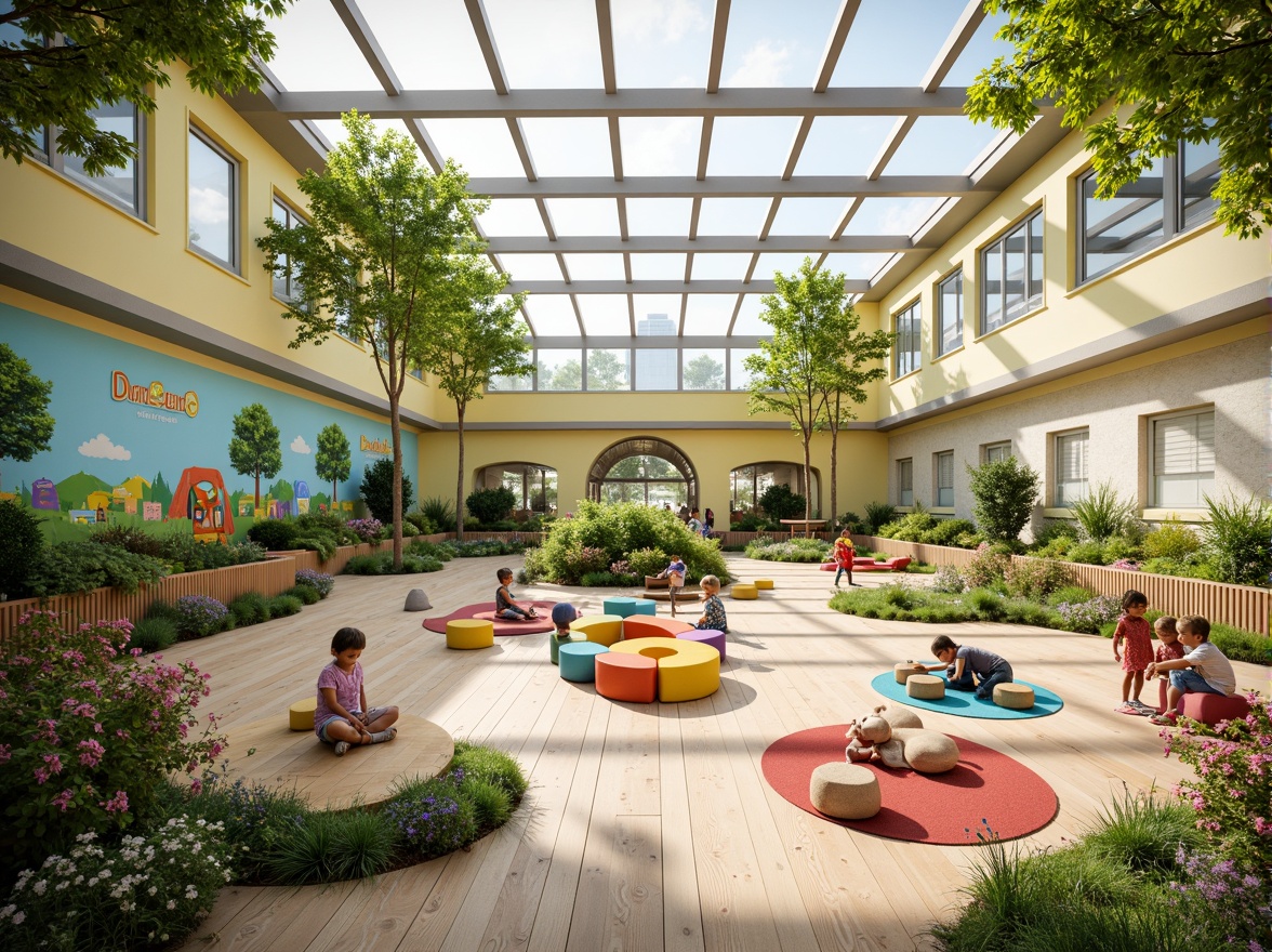 Prompt: Vibrant kindergarten playground, bright sunny day, warm natural lighting, large windows, skylights, transparent roofs, soft diffused light, colorful murals, educational signage, wooden floors, eco-friendly materials, organic shapes, whimsical furniture, playful textures, cozy reading nooks, interactive play areas, nature-inspired decor, blooming plants, gentle breezy atmosphere, shallow depth of field, 1/1 composition, panoramic view, realistic rendering.