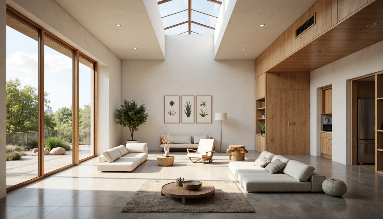 Prompt: Minimalist interior, sparse decor, monochromatic color scheme, natural wood accents, large windows, sliding glass doors, clerestory windows, skylights, reflective surfaces, polished concrete floors, industrial-style lighting fixtures, soft warm glow, indirect sunlight, subtle shadows, shallow depth of field, 1/1 composition, symmetrical framing, clean lines, simplistic forms, organic textures, ambient occlusion.