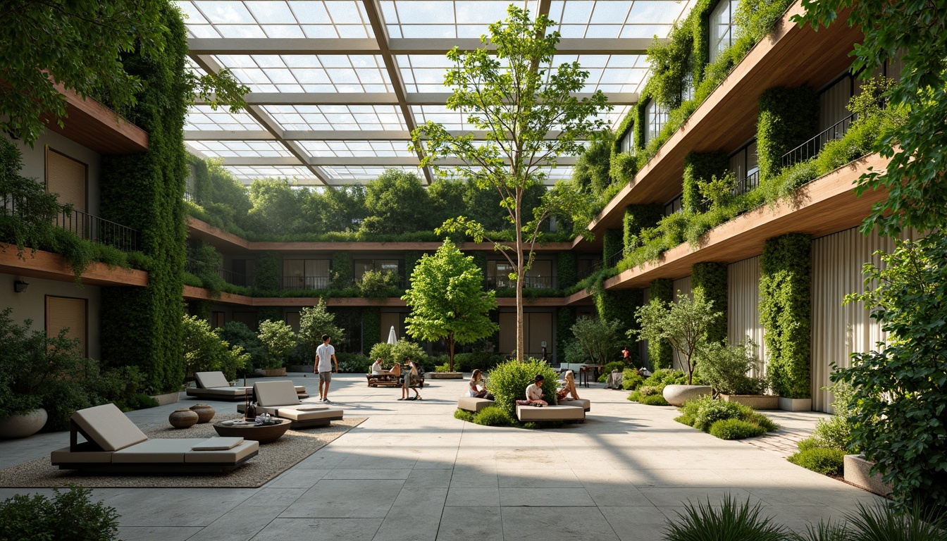 Prompt: Vibrant green walls, lush indoor plants, reclaimed wood accents, natural stone floors, abundant daylight, clerestory windows, living roofs, organic shapes, earthy color palette, minimalist decor, ergonomic furniture, air-purifying systems, water features, natural ventilation, bio-inspired patterns, intricate fractal designs, serene ambiance, soft diffused lighting, 1/1 composition, realistic textures, ambient occlusion.