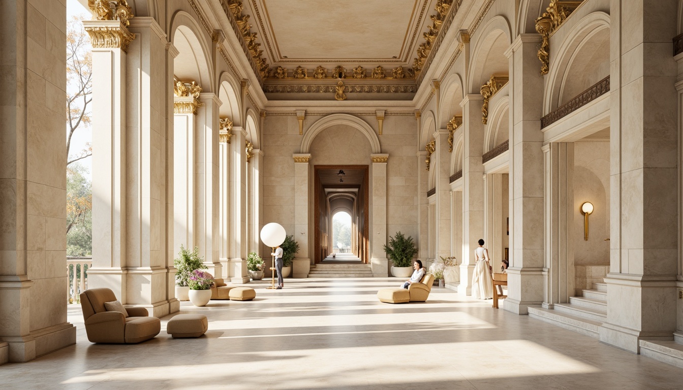 Prompt: Elegant neoclassical architecture, ornate columns, intricately carved marble details, richly textured stone walls, grandiose entranceways, symmetrical facades, classical proportions, subtle cream tones, warm beige hues, muted gold accents, soft ivory shades, delicate pastel colors, natural light pouring in, atmospheric softbox lighting, shallow depth of field, 2/3 composition, harmonious color balance, realistic textures, ambient occlusion.