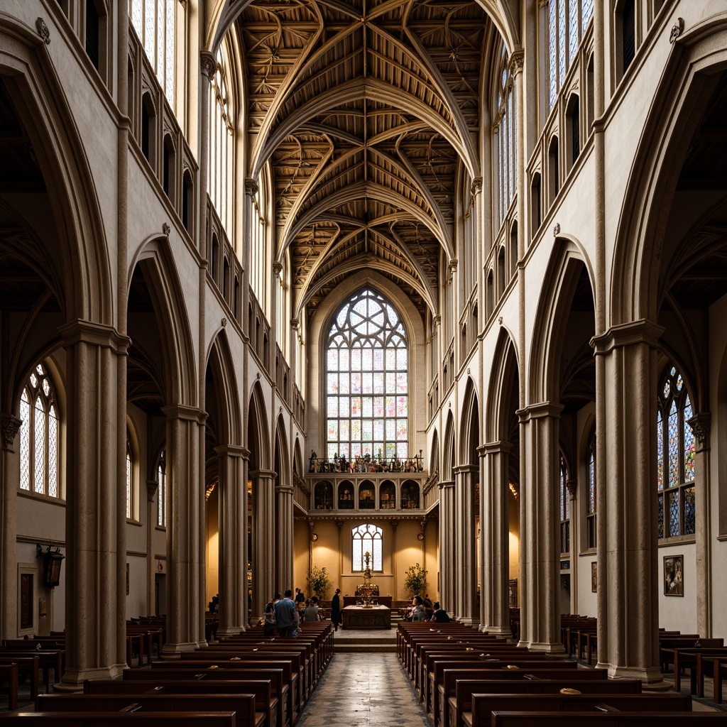 Prompt: Grand Gothic cathedral, towering spires, ribbed vaults, arched windows, stained glass mosaics, intricate stone carvings, ornate tracery, pointed arches, flying buttresses, grand nave, high ceilings, dramatic verticality, warm golden lighting, soft diffused shadows, atmospheric perspective, symmetrical composition, rich textures, vivid colors.