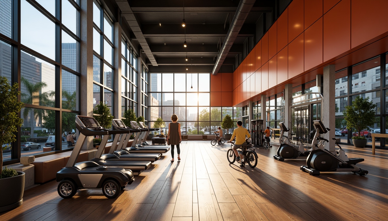 Prompt: Contemporary fitness club, large windows, natural light pouring in, polished wood floors, mirrored walls, sleek metal equipment, vibrant color accents, modern minimalistic decor, high ceilings, open spaces, dynamic lighting, motivational quotes, athletic wear displays, energetic atmosphere, urban cityscape views, busy streets, morning sunlight, soft warm glow, shallow depth of field, 1/1 composition, realistic textures, ambient occlusion.