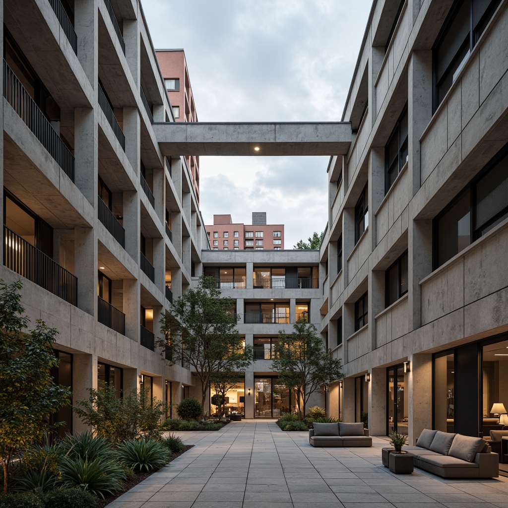 Prompt: Industrial-style courtyard, brutalist architecture, raw concrete walls, steel beams, minimalist decor, functional lighting, exposed ductwork, industrial pendant lamps, metal shades, task lighting, warm white color temperature, high ceilings, large windows, natural ventilation, urban surroundings, cityscape views, cloudy day, soft diffused light, 1/1 composition, realistic shadows, ambient occlusion.