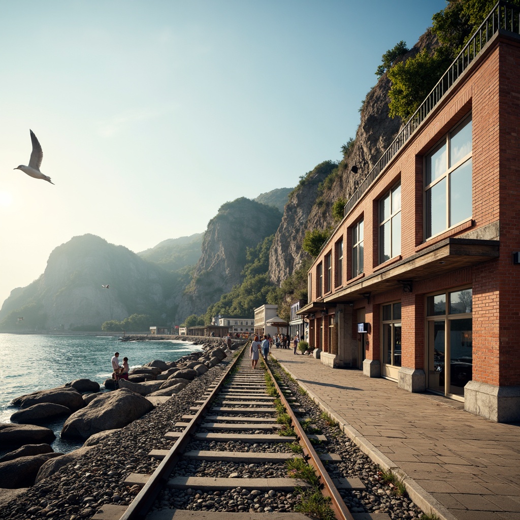 Prompt: Rugged coastal cliffs, salty ocean air, seaside promenade, wooden pier, vintage train tracks, nostalgic railway signs, weathered brick buildings, nautical-themed architecture, large windows, sliding glass doors, beachy color palette, distressed wood textures, sandy walkways, seagulls flying overhead, warm sunlight, soft focus, shallow depth of field, 2/3 composition, symmetrical framing, cinematic atmosphere.