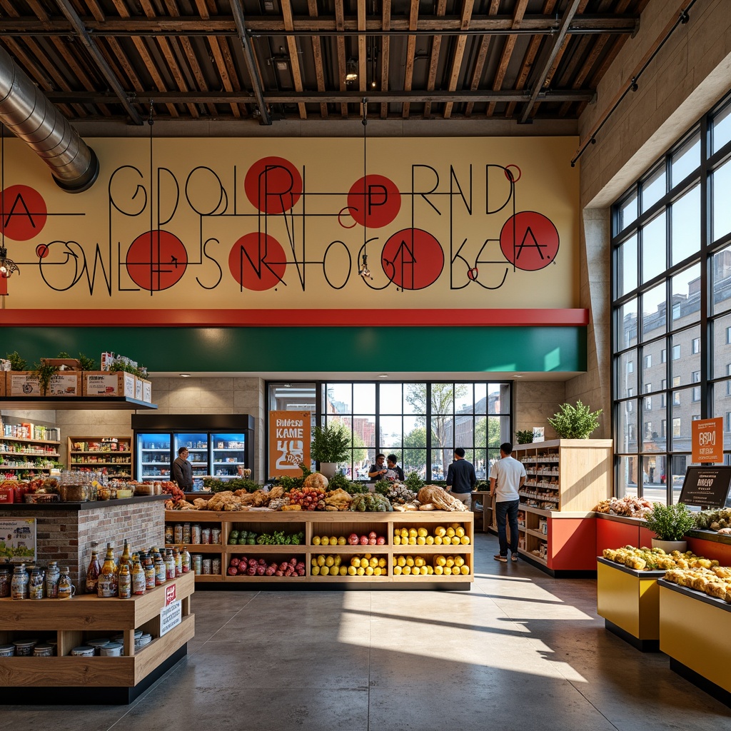 Prompt: Vibrant grocery store, primary color scheme, bold typography, geometric shapes, industrial materials, exposed ductwork, concrete floors, metal shelving, minimalist decor, functional lighting, natural textures, earthy tones, warm beige walls, rich wood accents, deep blue refrigeration units, bright red sale signs, playful yellow packaging, urban atmosphere, bustling city streets, morning sunlight, high-contrast shadows, dramatic architecture, 2/3 composition, symmetrical framing, graphic overlays.